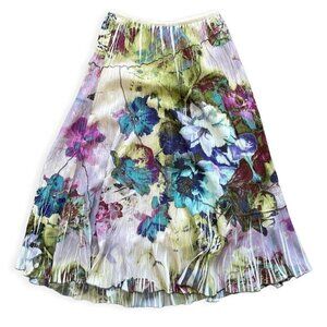 KAMAROV Pleated Crinkle Floral Midi Skirt Size S Green Botanical Art USA Pull On